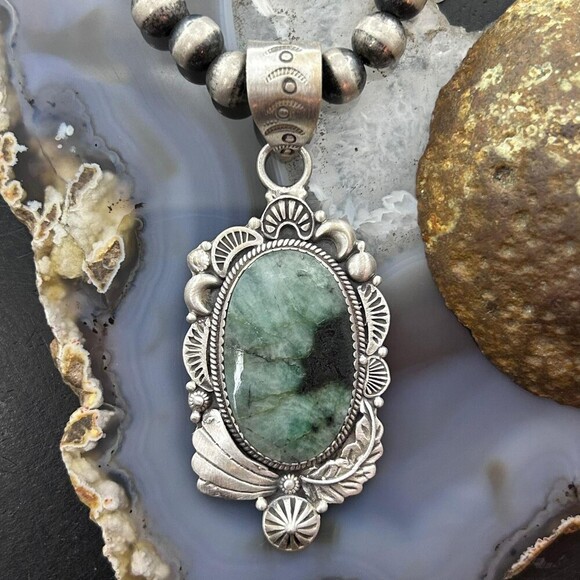 Sterling Silver Southwestern Style Oval Emerald Decorated Pendant For Women #1 - Picture 1 of 10